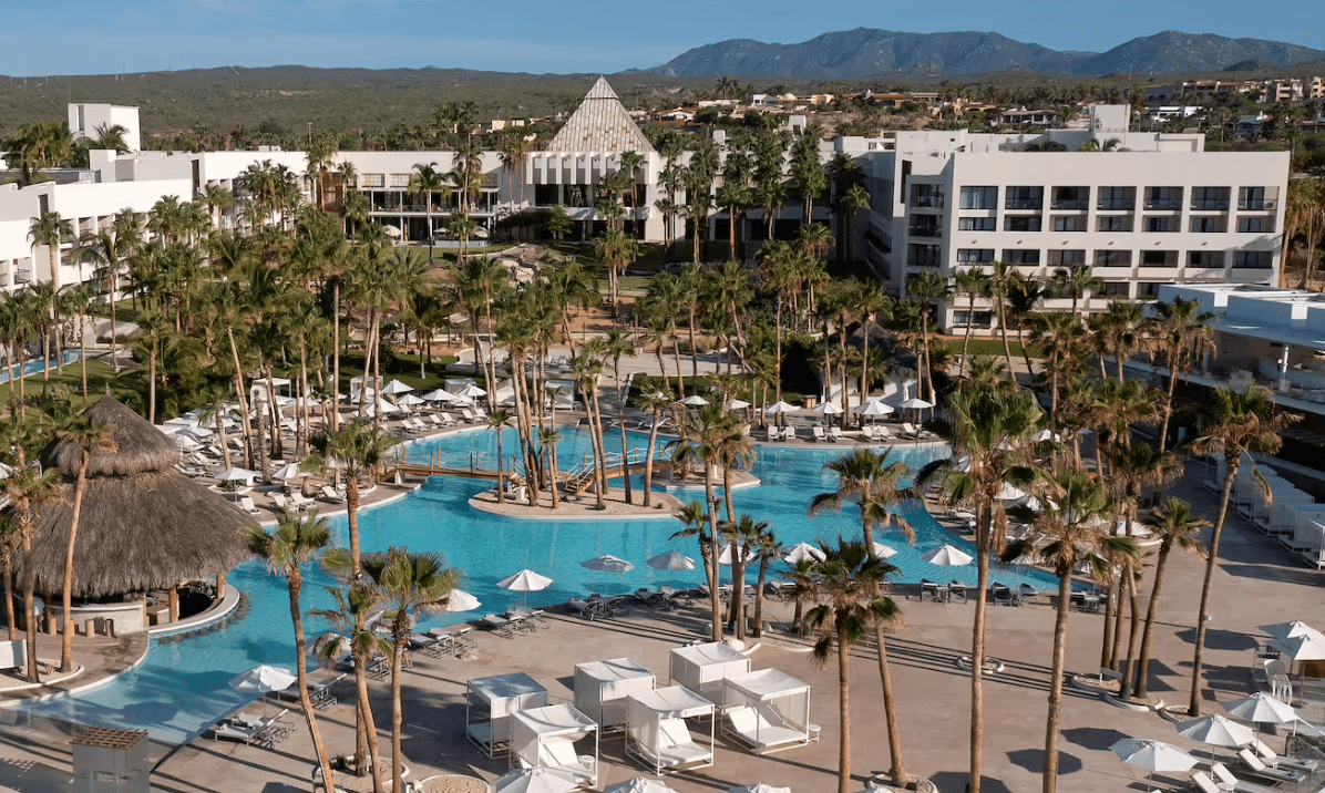 Aerial view of resort pool and palm trees.