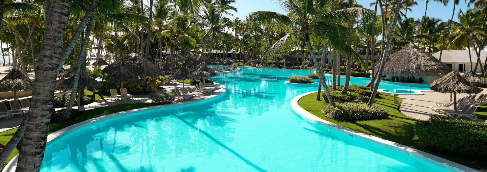 Palm trees surround a resort pool.