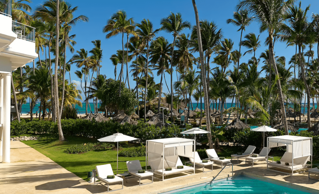 Palm trees, pool, lounge chairs, ocean view.