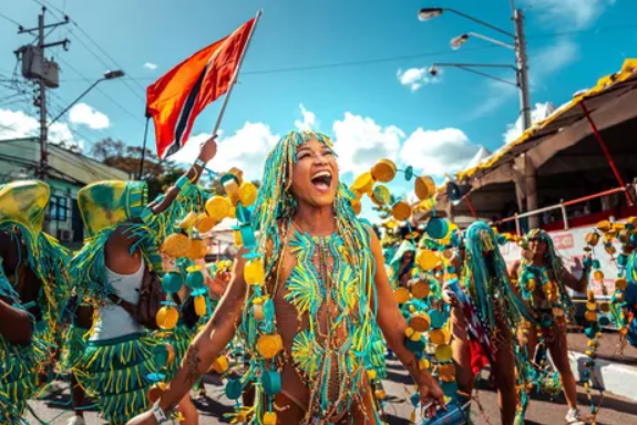 A woman in a garment with a flag.