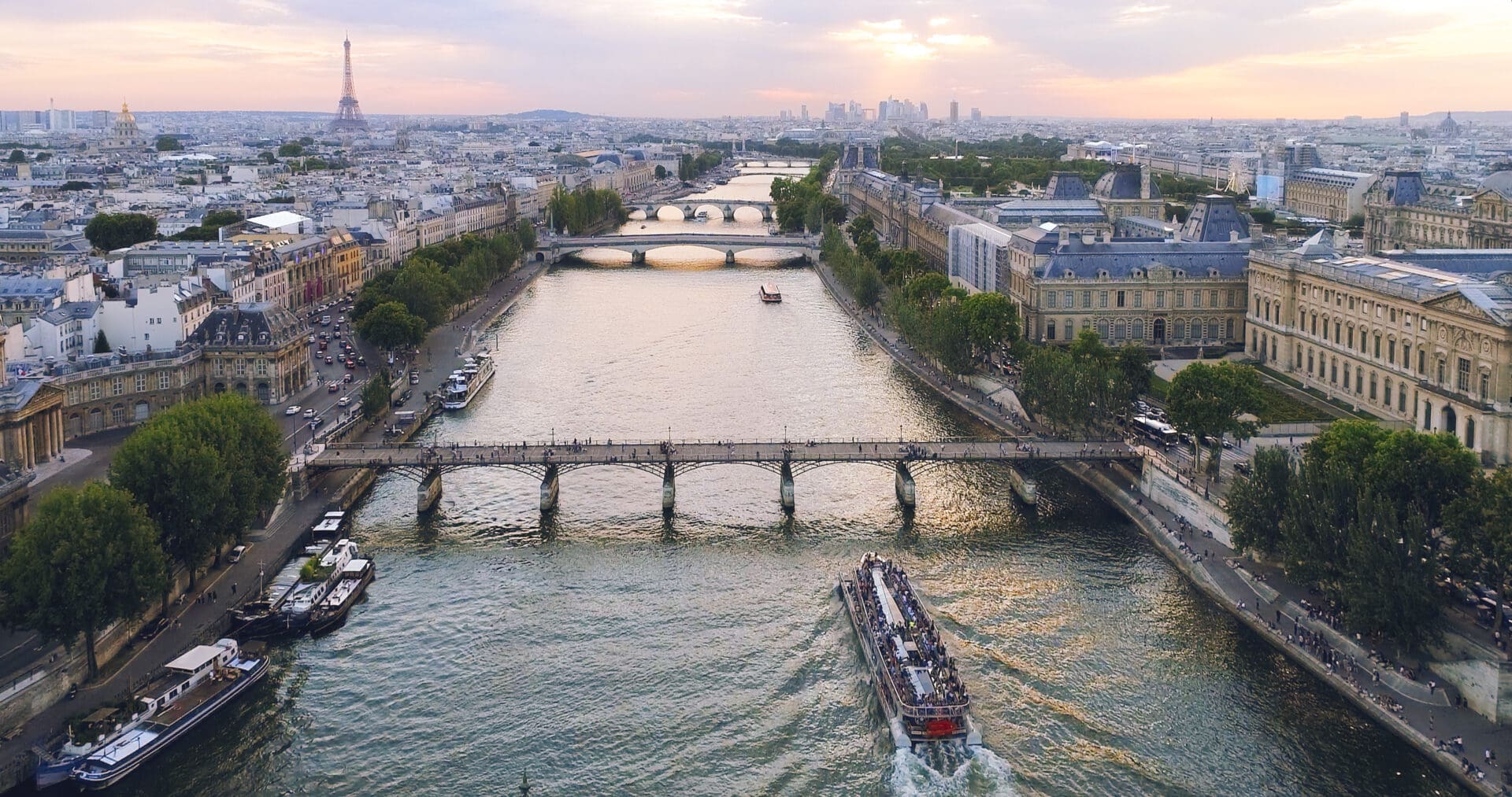 Aerial view of the River Seine in Paris, France.