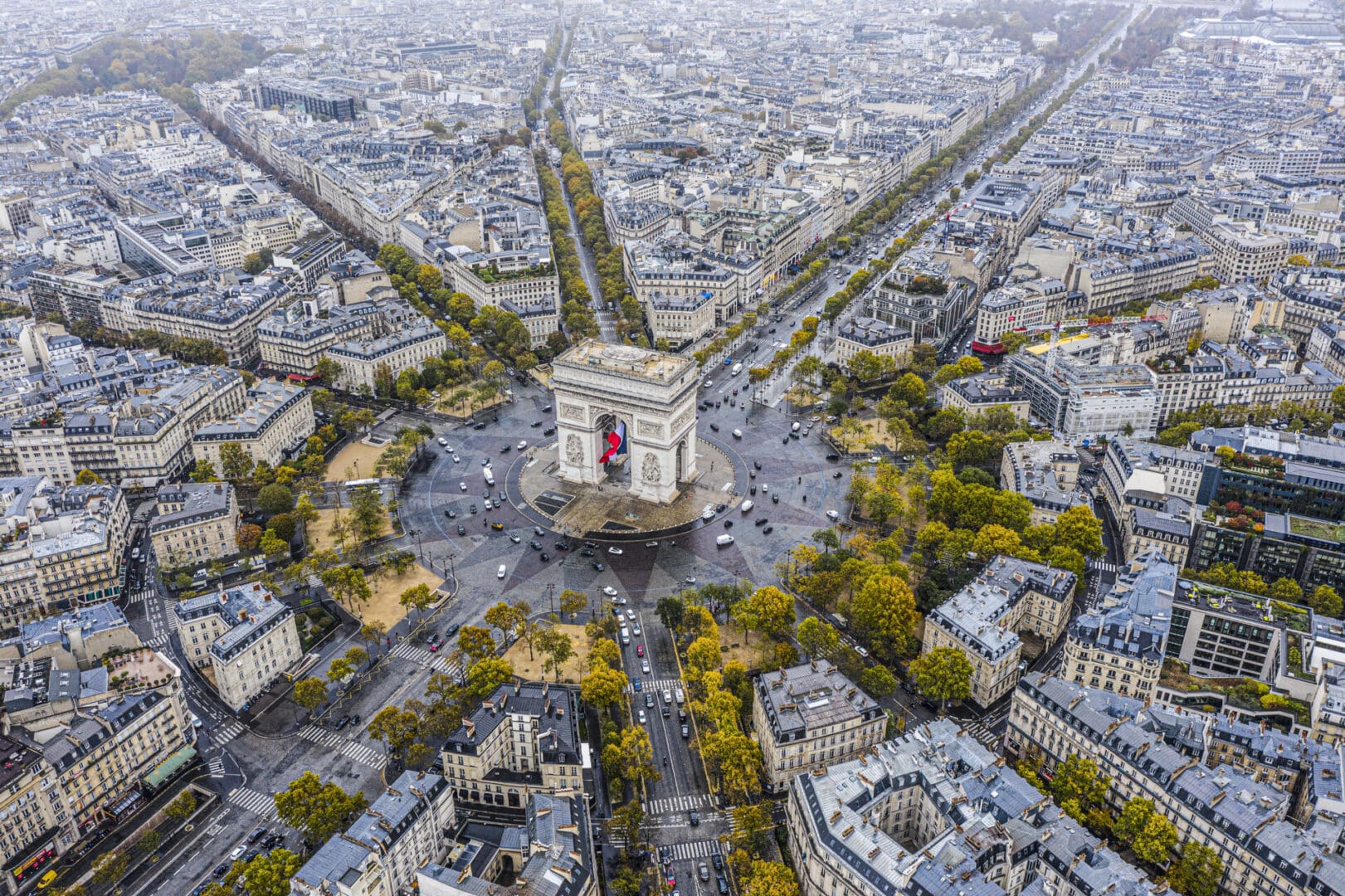 Aerial view of the Arc de Triomphe in Paris, France.