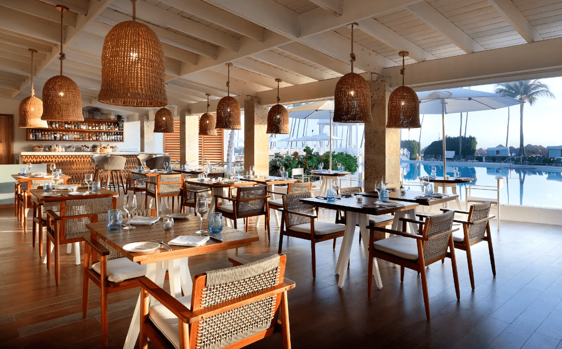 Restaurant with tables, chairs, and a bar.