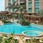 Hotel pool with a hot tub and palm trees.