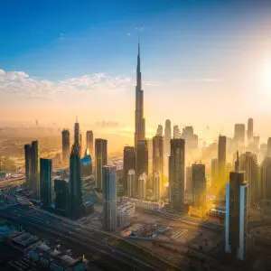 Aerial skyline of downtown Dubai filled with modern skyscrapers in the United Arab Emirates rising above the main city highway aerial view at sunrise