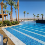 Palm trees surrounding a resort pool.