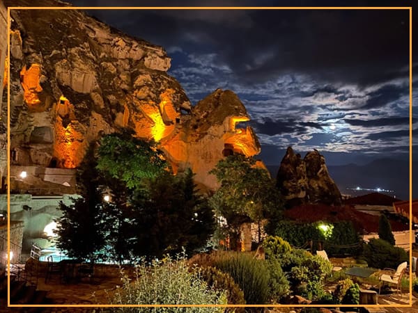 Night view of rock formations in Cappadocia.