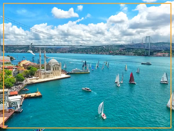 Mosque and boats in Istanbul harbor.