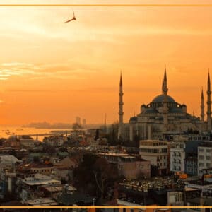 Sunset over Istanbul with a mosque.