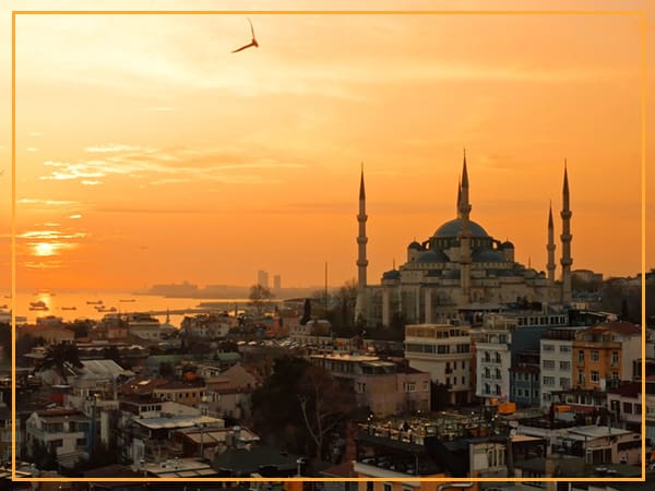 Sunset over Istanbul with a mosque.