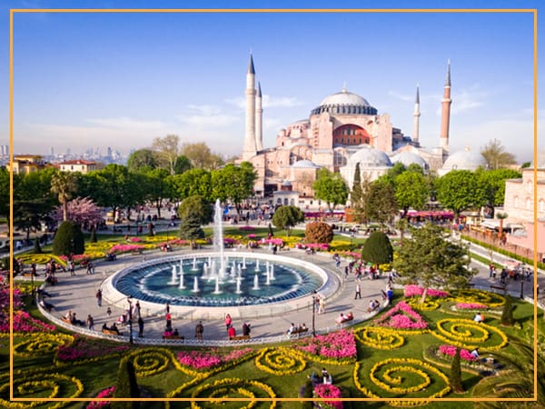 Hagia Sophia with fountain and gardens.