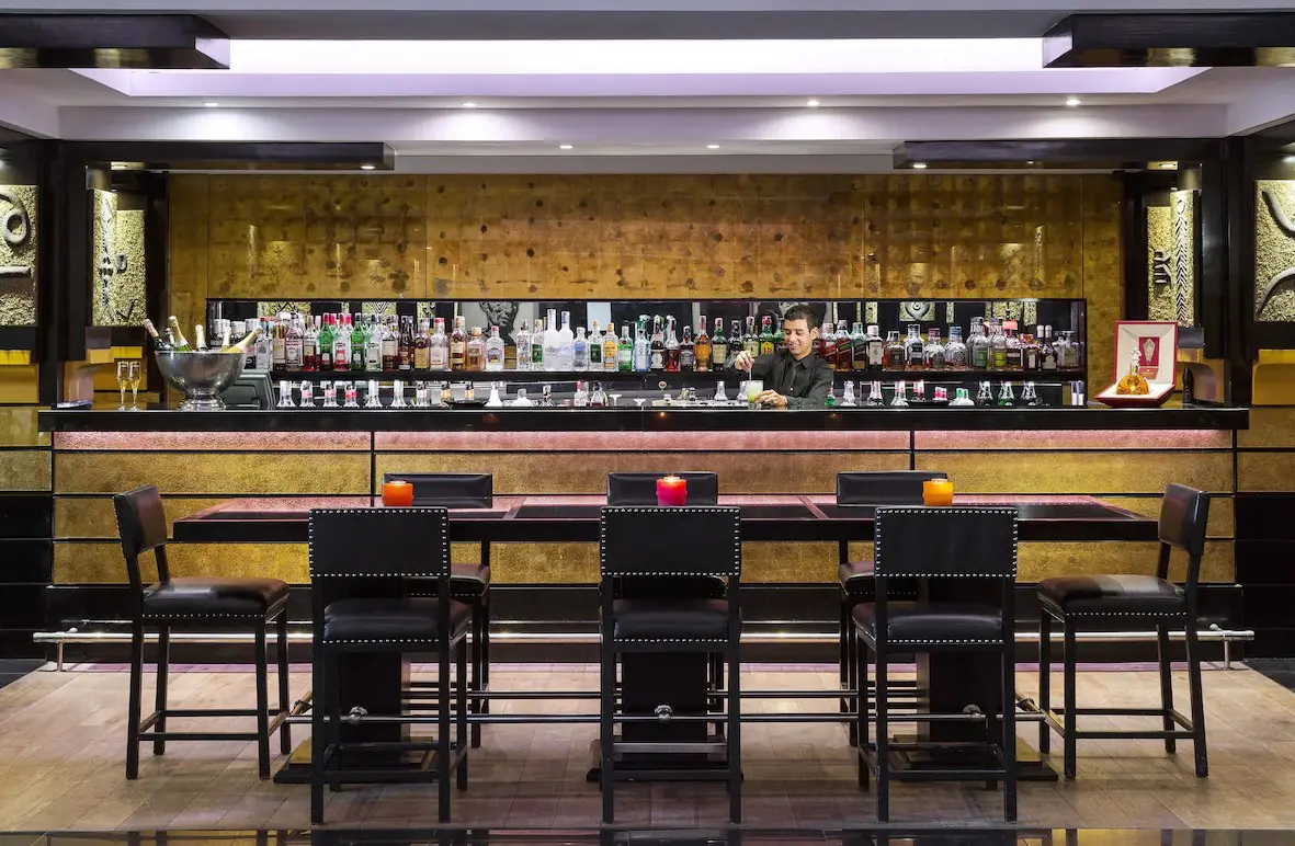 Bar with bartender making cocktails.