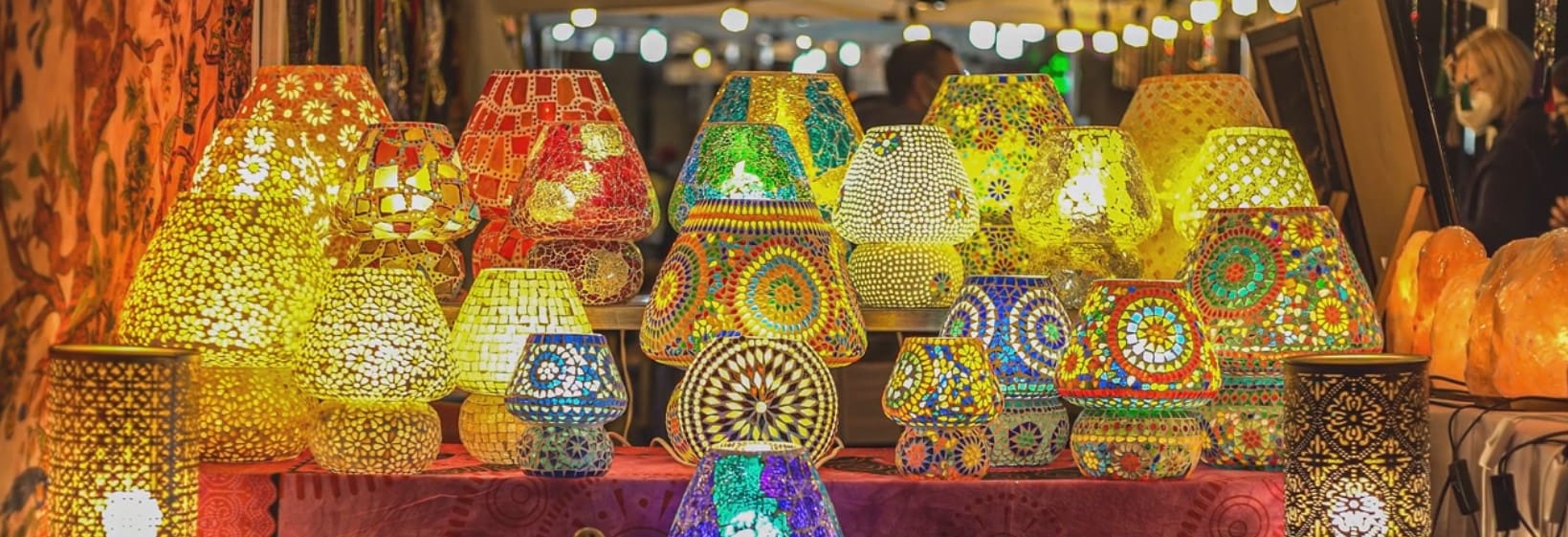 Colorful mosaic lamps on display.