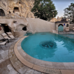 Outdoor pool at cave hotel in Turkey.