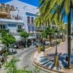 Charming street with palm trees and cafes.