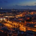 Aerial view of Lisbon at night.