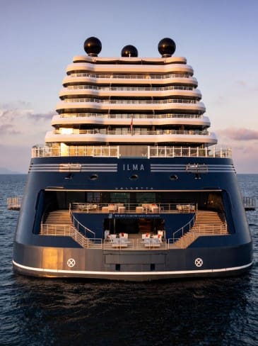 Luxury cruise ship named Ilma at sea.