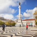 5 March 2018: Lisbon, Portugal - Historic Rossio Square, with the Column of Pedro IV, on a sunny day in early spring.