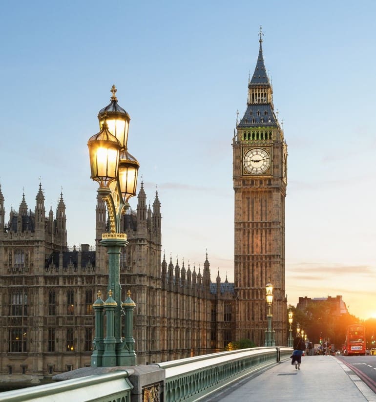 Big Ben and Westminster at sunset.