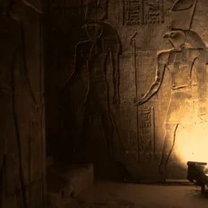 Ancient Egyptian hieroglyphs illuminated by light.