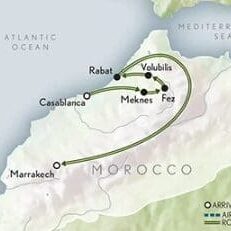 Map of Morocco with highlighted travel route.