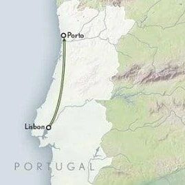 Map of Portugal with route from Lisbon to Porto.